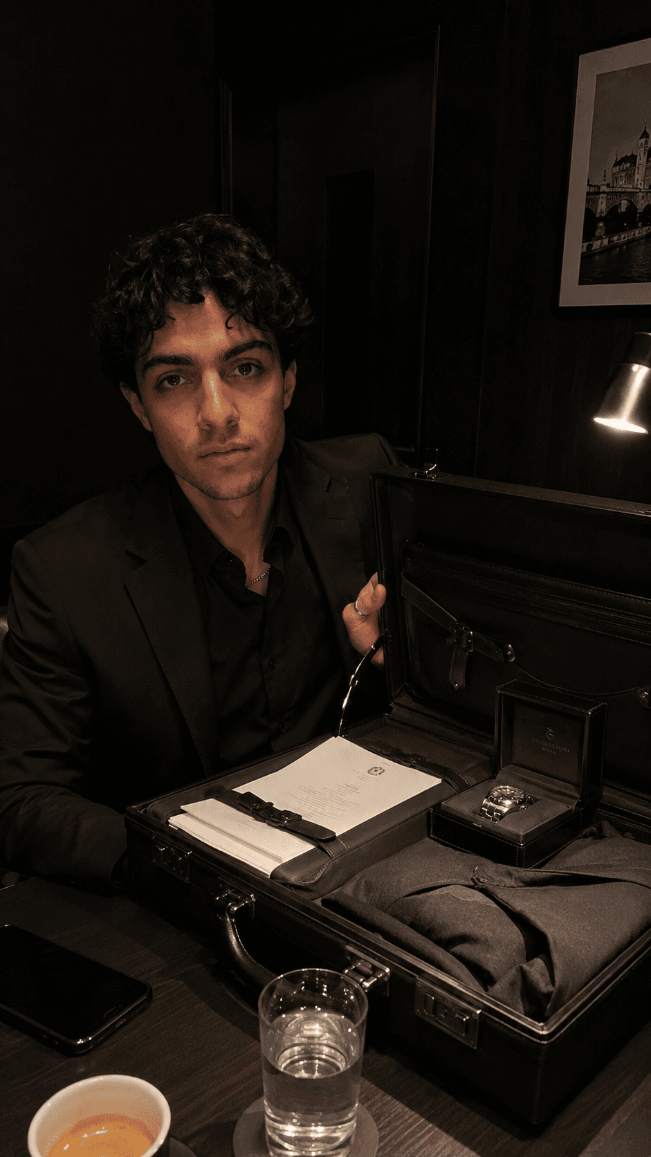 Man in a black suit in a dark private viewing room opening a leather briefcase containing a watch